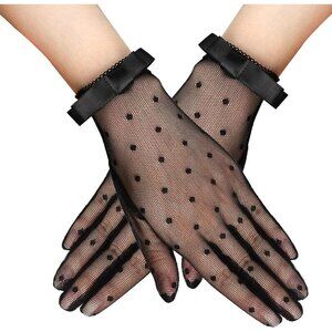 Women's Black Bow Short Mesh Lace Gloves Polka Dots Vintage Tea Wedding Party